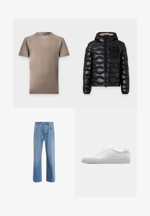 Svart puffjakke med hette, quiltet design, glidelås foran og brystlomme. Har blankt, strukturert stoff med elastiske mansjetter.; Brun kortermet t-skjorte laget av glatt stoff, med rund hals og svingede ermer, med et rent og enkelt design.; Lys blå denimjeans med rett ben-design, fem lommer, knappeåpning, minimal falming og kontrasterende sømdetaljer.; Hvit sneakers med en glatt skinnoverdel og lav profil. Har en rund tå, seks snøring hull, og en teksturert gummisåle.