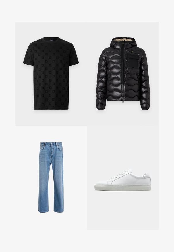 Schwarze Pufferjacke mit Kapuze, gestepptem Design, Reißverschluss vorne und einer Brusttasche. Aus glänzendem, strukturiertem Stoff mit elastischen Bündchen.; Schwarzes T-Shirt mit einem strukturierten Muster aus Kreisen und floralen Formen, kurzen Ärmeln und rundem Halsausschnitt. Aus weichem Baumwollmaterial gefertigt.; Helle blaue Jeans im Geradeschnitt-Design, mit fünf Taschen, Knopfverschluss, minimaler Ausbleichung und kontrastierenden Nähdetails.; Weißer Sneaker mit glattem Lederobermaterial und niedrigem Profil. Verfügt über eine runde Zehenpartie, sechs Ösen und eine strukturierte Gummisohle.