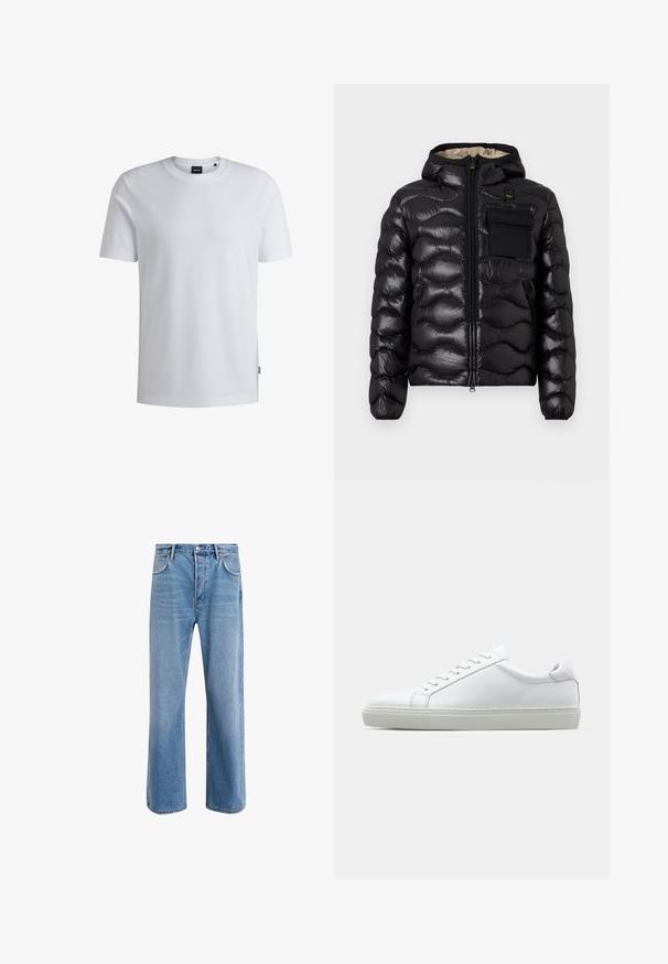 Černá prošívaná bunda s kapucí, zipem vpředu a náprsní kapsou. Obsahuje lesklou, strukturovanou látku s elastickými manžetami.; Bílý tričko s krátkým rukávem vyrobené z texturované látky, s kulatým výstřihem a malou logovkou na boční straně.; Světle modré džínové kalhoty s rovnými nohavicemi, pěti kapsami, zapínáním na knoflík, minimálním vyblednutím a kontrastním prošitím.; Bílé tenisky s hladkým koženým svrškem a nízkým profilem. Mají zaoblenou špičku, šest nýtů a texturovanou gumovou podrážku.