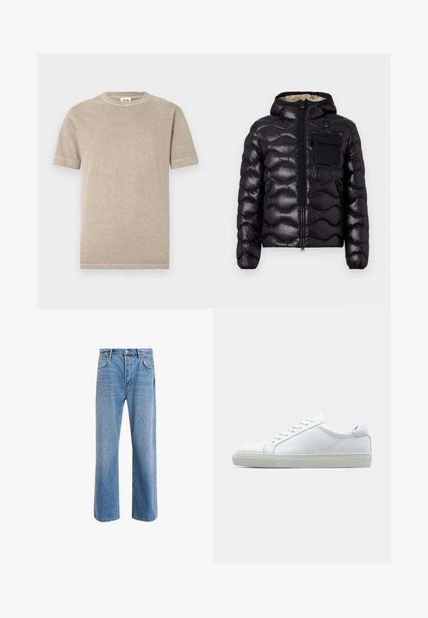 Jachetă puf si neagră cu glugă, design matlasat, fermoar în față și buzunar pe piept. Are un material lucios, texturat, cu manșete elasticizate.; Tricou bej din bumbac, cu mâneci scurte și gât rotund. Prezintă cusături vizibile de-a lungul mânecilor și tivului. Textură simplă și netedă.; Jeans din denim bleu deschis cu un design drept, cinci buzunare, închidere cu buton, decolorare minimă și detalii de cusătură în contrast.; Adidași albi cu o suprafață din piele netedă și un profil jos. Au un vârf rotunjit, șase orificii pentru șireturi și o talpă din cauciuc texturată.