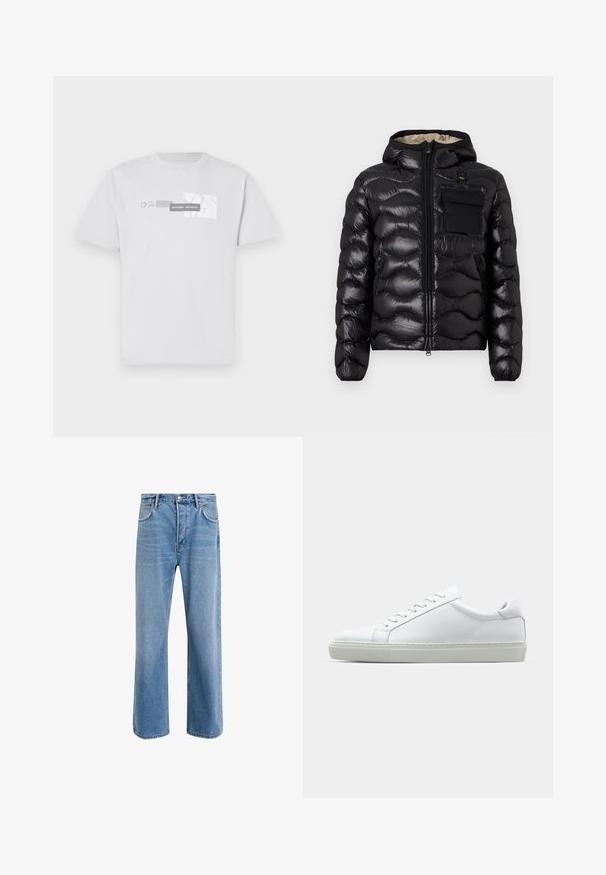 Černá prošívaná bunda s kapucí, zipem vpředu a náprsní kapsou. Obsahuje lesklou, strukturovanou látku s elastickými manžetami.; Bílý bavlněný tričko s grafickým potiskem "NORTHERN AESTHETICS" a "EST. 2007" v šedé barvě. Klasický kulatý výstřih, krátké rukávy.; Světle modré džínové kalhoty s rovnými nohavicemi, pěti kapsami, zapínáním na knoflík, minimálním vyblednutím a kontrastním prošitím.; Bílé tenisky s hladkým koženým svrškem a nízkým profilem. Mají zaoblenou špičku, šest nýtů a texturovanou gumovou podrážku.