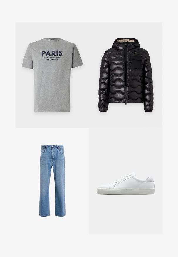 Juodas pūkinis švarkas su kapišonu, su siuvinėtu dizainu, priekiniais užtrauktukais ir krūtine kišenė. Pagamintas iš blizgios, tekstūruotos medžiagos su elastiniais rankogaliais.; Pilkos spalvos medvilninis marškinėliai su trumpomis rankovėmis, ant priekinės dalies siuvinėtas jūrų mėlynas tekstas: "PARIS 21 RUE ST-GUILLAUME KARL LAGERFELD".; Šviesiai mėlyni džinsai su tiesiu kirpimu, penkios kišenės, mygtuko užsegimas, minimalus blukimas ir kontrastingi siuvimo detalės.; Baltas sportinis batelis su lygiu odiniu paviršiumi ir žemu profiliu. Turi suapvalintą pirštą, šešis akių skyrius ir tekstūruotą gumos padą.