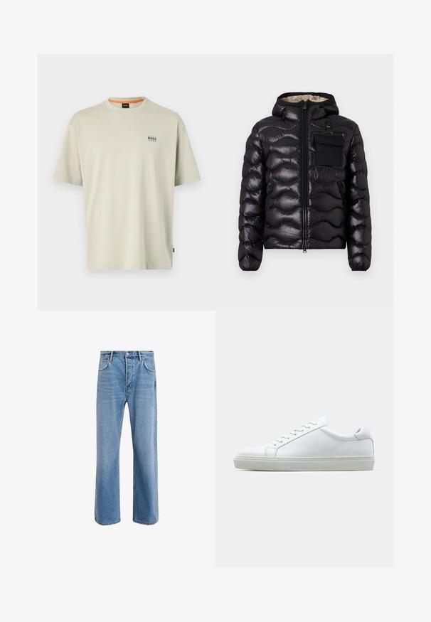 Černá prošívaná bunda s kapucí, zipem vpředu a náprsní kapsou. Obsahuje lesklou, strukturovanou látku s elastickými manžetami.; Světle šedé bavlněné tričko s kulatým výstřihem, krátkým rukávem a malým modrým logem "BOSS" na levé hrudi. Hladká textura.; Světle modré džínové kalhoty s rovnými nohavicemi, pěti kapsami, zapínáním na knoflík, minimálním vyblednutím a kontrastním prošitím.; Bílé tenisky s hladkým koženým svrškem a nízkým profilem. Mají zaoblenou špičku, šest nýtů a texturovanou gumovou podrážku.