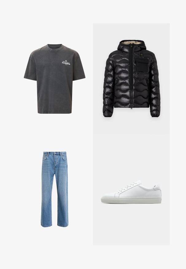 Melna pūka jaka ar kapuci, izšūti dizainu, ar rāvējslēdzēju priekšā un krūšu kabatu. Iezīmējas ar spīdīgu, teksturētu audumu un elastīgām piedurknēm.; Tumši pelēks pārāk liels T-krekls, kokvilnas materiāls, īsas piedurknes, apaļa kakla izgriezums, ar baltu "ALLSAINTS" logo uz kreisā krūts, viegli teksturēta apdare.; Gai zilas džinsu bikses ar taisnām kājām, piecām kabatām, pogu aizvēršanu, minimālu izbalēšanu un kontrastējošiem šuvju elementiem.; Baltie sporta apavi ar gludu ādas virsu un zemu profilu. Iezīmējas ar noapaļotu purngalu, sešām acīm un teksturētu gumijas zoli.