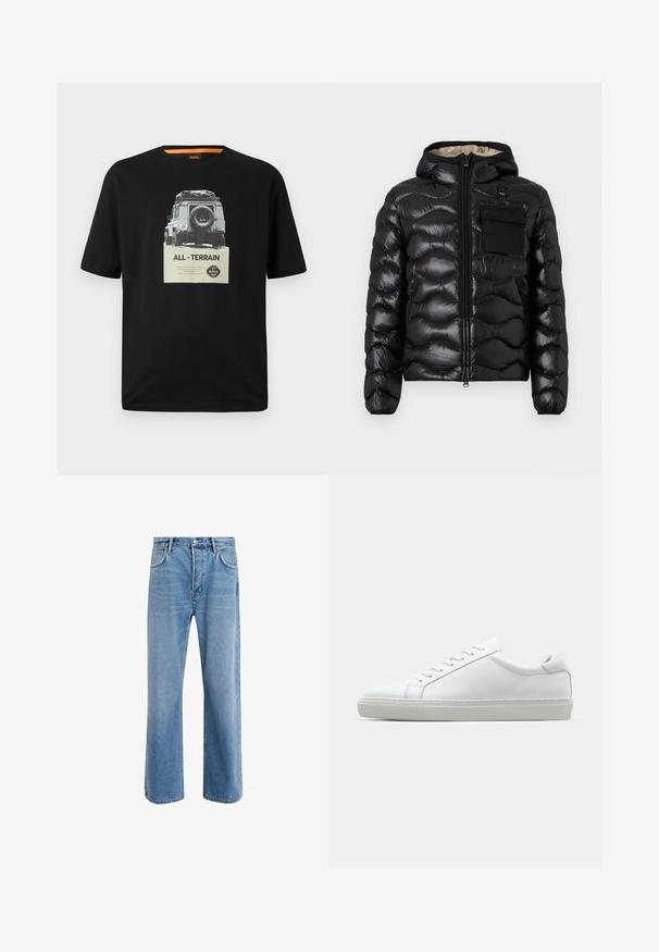 Juodas pūkinis švarkas su kapišonu, su siuvinėtu dizainu, priekiniais užtrauktukais ir krūtine kišenė. Pagamintas iš blizgios, tekstūruotos medžiagos su elastiniais rankogaliais.; Juodas medvilninis marškinėliai su apvaliu kaklu, kuriuose pavaizduota klasikinio automobilio grafika ir užrašas "VISI - TERENAI" ant krūtinės.; Šviesiai mėlyni džinsai su tiesiu kirpimu, penkios kišenės, mygtuko užsegimas, minimalus blukimas ir kontrastingi siuvimo detalės.; Baltas sportinis batelis su lygiu odiniu paviršiumi ir žemu profiliu. Turi suapvalintą pirštą, šešis akių skyrius ir tekstūruotą gumos padą.