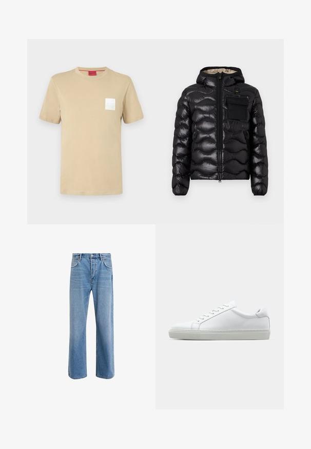 Čierna nadýchaná bunda s kapucňou, prešitou konštrukciou, predným zipsom a vreckom na hrudi. Vlastnosti zahŕňajú lesklú, textúrovanú látku s elastickými manžetami.; Beige bavlnené tričko s krátkymi rukávmi, okrúhlym výstrihom a bielym štvrcovým logom na ľavej hrudi. Hladká textúra, ležérny dizajn.; Svetlo modré denimové džínsy so strihom rovného nohu, päť vreciek, zapínanie na gombík, minimálne vyblednutie a kontrastné švy.; Biele tenisky s hladkým koženým zvrškom a nízkym profilom. Majú zaoblenú špičku, šesť očiek a štruktúrovanú gumovú podrážku.