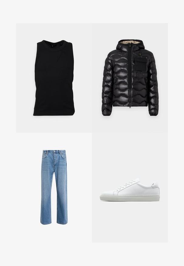 Black puffer jacket with a hood, quilted design, zipper front, and a chest pocket. Features shiny, textured fabric with elastic cuffs.; Black sleeveless top made of cotton blend fabric, featuring a round neckline and a subtle seam detail on the front. Smooth texture.; Light blue denim jeans with a straight-leg design, five pockets, button closure, minimal fading, and contrasting stitching details.; White sneaker with a smooth leather upper and a low profile. Features a rounded toe, six eyelets, and a textured rubber sole.