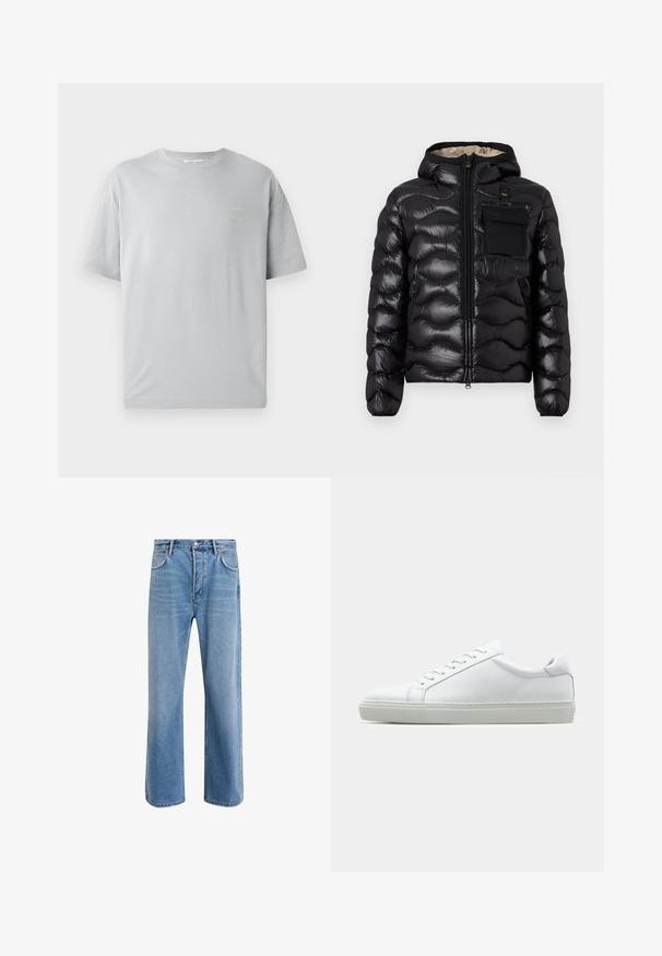 Zwarte pufferjack met capuchon, gewatteerd ontwerp, ritssluiting aan de voorkant en een borstzak. Heeft een glanzende, gestructureerde stof met elastische manchetten.; Grijze katoenen t-shirt met een ontspannen pasvorm, korte mouwen en een klein geel tekstdetail op de voorkant. Zachte textuur en klassieke ronde hals.; Lichtblauwe denim jeans met een straight-leg ontwerp, vijf zakken, knoopsluiting, minimale vervaging en contrasterende stikseldetails.; Witte sneaker met een gladlederen bovenwerk en een laag profiel. Voorzien van een ronde neus, zes vetergaatjes en een gestructureerde rubberen zool.