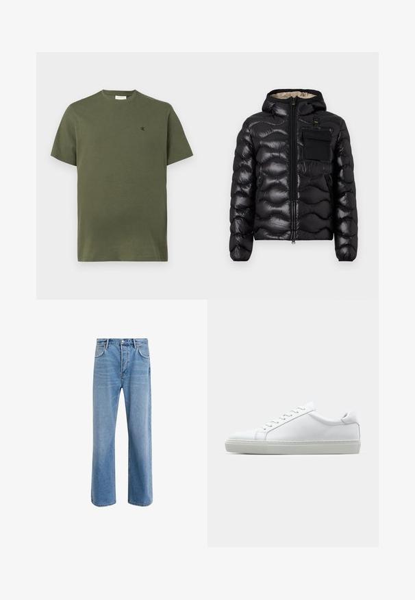Czarna kurtka puchowa z kapturem, pikowany wzór, zamek z przodu i kieszeń na piersi. Posiada błyszczący, teksturowany materiał oraz elastyczne mankiety.; Jednolity oliwkowy T-shirt z krótkim rękawem i okrągłym dekoltem, z małym czarnym logo "cK" na lewej piersi.; Jasnoniebieskie dżinsy o prostym kroju, pięć kieszeni, zapięcie na guzik, minimalne blaknięcia i kontrastowe wykończenia szwów.; Białe sneakersy z gładką skórzaną cholewką i niskim profilem. Posiadają okrągły nos, sześć dziurek na sznurówki oraz teksturowaną gumową podeszwę.