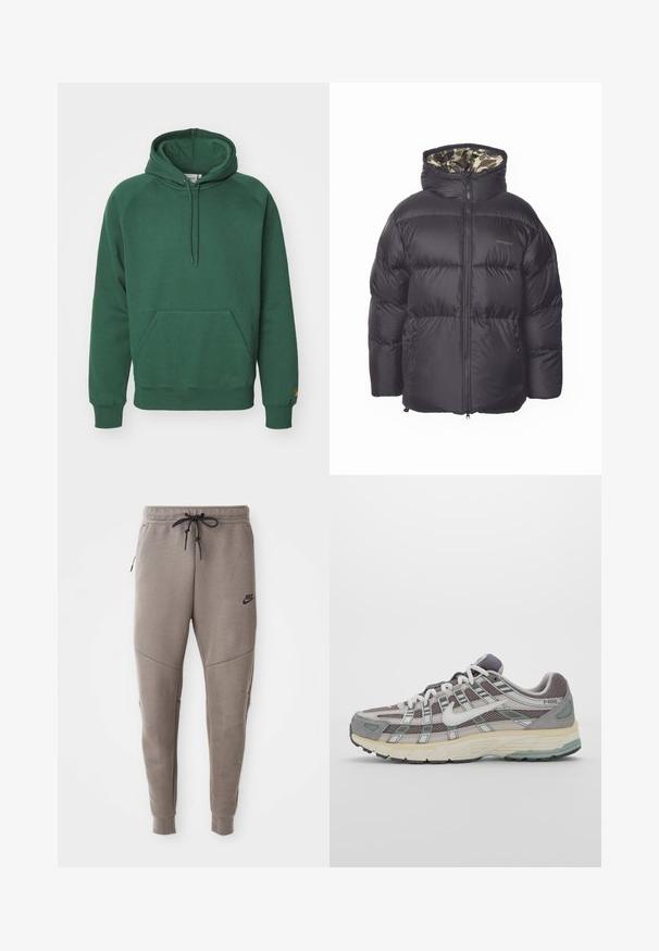 Black puffer jacket with a zippered front, large hood, and side pockets. Interior features a camouflage pattern. Made from quilted, insulated material.; Carhartt WIP HOODED CHASE - Sweatshirt - sycamore tree/gold; Gray Nike sweatpants with a drawstring waistband, tapered legs, side pockets, and distinct seam detailing. Soft, textured fabric.; Gray athletic shoe featuring a mesh and suede upper, white accents, a cushioned sole, and a distinctive design with reflective elements.