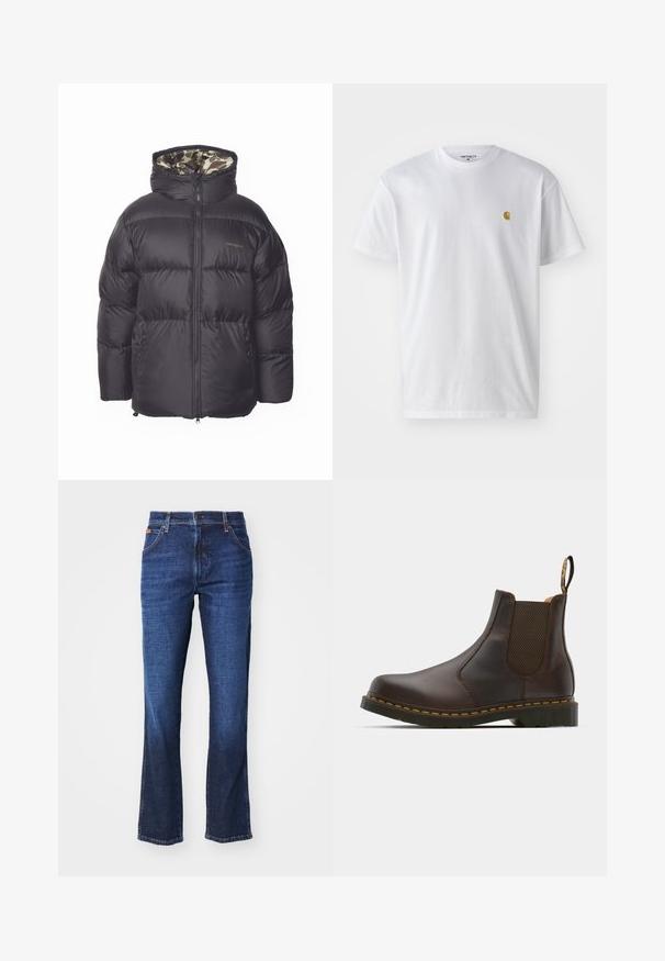 Μαύρο τζάκετ πούφφερ με φερμουάρ μπροστά, μεγάλη κουκούλα και πλαϊνές τσέπες. Το εσωτερικό έχει καμουφλάζ σχέδιο. Κατασκευασμένο από πλεχτό, μονωμένο υλικό.; Λευκό βαμβακερό T-shirt με κοντά μανίκια, κλασική λαιμόκοψη, που διαθέτει ένα μικρό χρυσό λογότυπο στην αριστερή περιοχή του στήθους. Μαλακή υφή και κανονική εφαρμογή.; Σκούρο μπλε τζιν παντελόνι με σχεδίαση ευθείας για να ενδυναμώσει την εμφάνιση, στυλ πέντε τσεπών και κλείσιμο με κουμπί και φερμουάρ. Λεπτή φθορά σε όλη την επιφάνεια του υφάσματος.; Καφέ δερμάτινο μπότες Chelsea με ελαστικές πλευρικές πάνελ, υφασμένο τακούνι και αντίθεση κίτρινα ραφές. Διαθέτει θηλιά για εύκολη φόρμα.