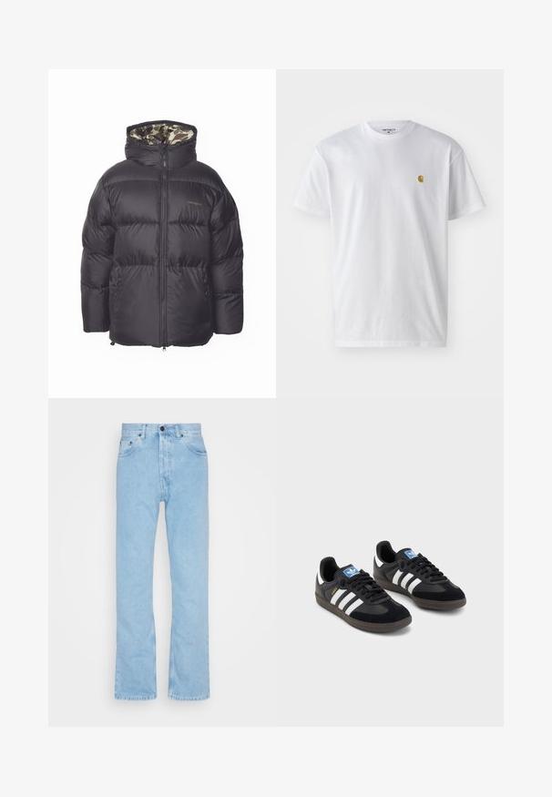 Czarna kurtka puchowa z zamkiem z przodu, dużym kapturem i bocznymi kieszeniami. Wewnątrz znajduje się wzór kamuflażowy. Wykonana z pikowanego, izolowanego materiału.; Biała bawełniana koszulka z krótkim rękawem, okrągłym dekoltem, z małym złotym logo na lewej części klatki piersiowej. Miękka textura i regularny krój.; Jasnoniebieskie dżinsy o prostych nogawkach, wysokim stanie oraz pięciokieszeniowym wzorze. Posiadają zapięcie na guzik oraz subtelne przetarcia na tkaninie.; Czarne sneakersy z zamszową i syntetyczną cholewką, wyposażone w trzy białe paski, teksturowaną gumową podeszwę oraz niebieską metkę z logo na języku.