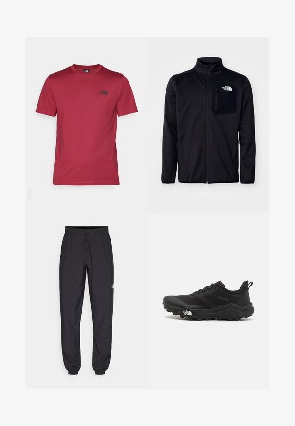 Mustan vetoketjullinen takki, jossa on korkea kaulus, tekstuuri kangas, sivutaskut ja rintatasku logolla. Sujuva pinta ja kevyt muotoilu.; The North Face M SS SIMPLE DOME TEE - Tekninen t-paita - beetroot; Mustat urheiluhousut, jotka on valmistettu kevyestä kankaasta. Housuissa on naru vyötäröllä, sivutaskut ja kapenevat hihnat nilkoissa.; Musta maastojuoksukengät, joissa on teksturoitu päällinen, kumipohja ja vahvistettu varvastoppia. Varusteena pehmustettu nilkkakappale ja vetotappi helppoa pukemista varten.