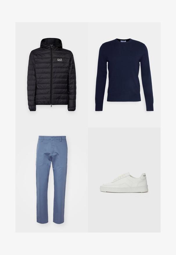 Fekete párnázott dzseki kapucnival, vízszintes steppelt kialakítással, teljes cipzárral és az EA7 logójával a bal mellkasi részen. SIMA TEXTÚRA.; Tengerészkék, kerek nyakú pulóver, puha anyagból készült, hosszú ujjal és bordás szegéllyel. Nincsenek látható minták vagy díszítések.; Világoskék, sima anyagú nadrág, egyenes szabással, övhurkokkal, cipzáras és gombos zárással. Nincsenek minták vagy díszítések.; Fehér bőr sportcipő sima felülettel, kerek orral, lapos fűzőkkel és texturált talppal. Finom logó található a sarokon.