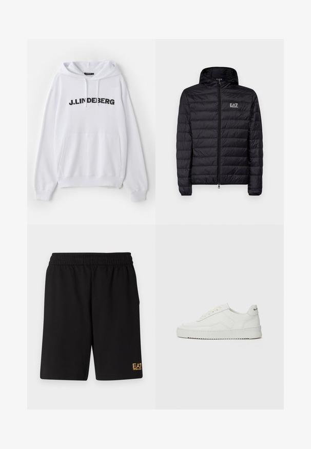Svart polstret jakke med hette, med horisontal quiltet design, hel glidelås og EA7-logo på venstre brystområde. Jevn tekstur.; Hvit hettegenser med en frontlomme, snor i hetten og fet svart tekst som leser "J. LINDEBERG" over brystet. Myk tekstur.; Sorte treningsshorts laget av mykt stoff, med elastisk midje og en liten gul EA7-logo nederst på venstre ben.; Hvite lærersneakers med en jevn overflate, rund tå, flate lisser og en teksturert såle. Har en subtil logo på hælen.