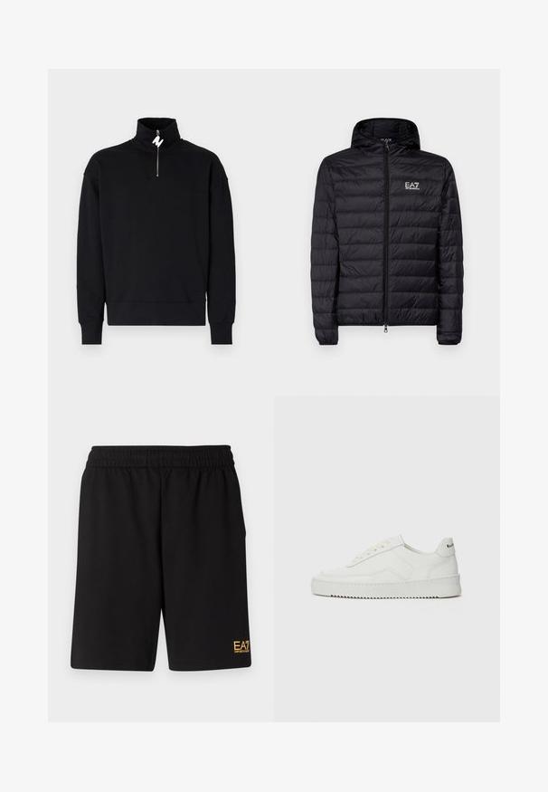 Czarna pikowana kurtka z kapturem, z poziomym wzorem pikowania, pełnym zamkiem błyskawicznym oraz logo EA7 na lewej stronie klatki piersiowej. Gładka tekstura.; Czarna bluza z wysokim kołnierzem i półzamkiem. Miękka tkanina, luźny krój i ściągacze przy mankietach. Bez wzorów ani dodatkowych akcentów.; Czarne sportowe szorty wykonane z miękkiego materiału, z elastycznym paskiem w talii oraz małym, żółtym logo EA7 na dolnej lewej nodze.; Białe skórzane sneakersy o gładkim wykończeniu, okrągłym nosku, płaskich sznurówkach i teksturowanej podeszwie. Charakteryzują się delikatnym logo na pięcie.