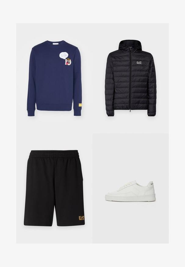 Crna podstavljena jakna s kapuljačom, s horizontalnim kvadratnim dizajnom, punim zatvaračem i EA7 logom na lijevoj strani prsnog područja. Glatka tekstura.; Iceberg Sportska majica - blue; Crne atletske kratke hlače od mekanog materijala, s elastičnim pojasom i malim žutim EA7 logotipom na donjoj lijevoj nozi.; Bijele kožne tenisice s glatkom površinom, okruglim vrhom, ravnim vezicama i teksturiranom potplatom. Imaju suptilan logo na peti.