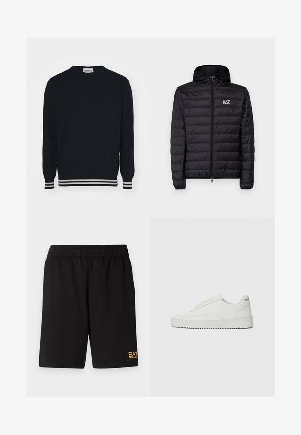 Chaqueta acolchada negra con capucha, con un diseño de acolchado horizontal, cremallera completa y logo de EA7 en la parte izquierda del pecho. Textura suave.; Suéter negro con un patrón texturizado que presenta el logo repetido "ICEBERG", cuello redondo y puños a rayas en las muñecas y el dobladillo.; Pantalones cortos deportivos negros de tejido suave, con una cintura elástica y un pequeño logo amarillo de EA7 en la parte inferior de la pierna izquierda.; Zapatilla de cuero blanca con un acabado suave, puntera redonda, cordones planos y suela texturizada. Cuenta con un sutil logo en el talón.