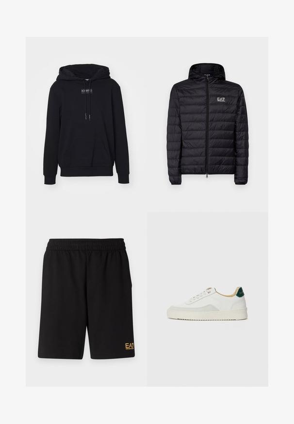 Must must jacket, mille äärisega, horisontaalse tikandiga disain, täis lukuga ning EA7 logo vasakul rinnal. Sile tekstuur.; Musta kapuutsiga sviiter, mis on valmistatud pehmest kangast, keskse kukkharjaga tasku, nöörid ja ruudukujuline logo silt rinnal.; Mustad mustad lühikesed püksid, mis on valmistatud pehmest kangast. Omavad elastset vöökohta ja väikest kollast EA7 logo vasakul jalal.; Valged tennisjalanõud, millel on sametised aktsendid, ümar varvas, lame nöörid ja kreemjas kummine põhja. Hästi nähtav roheline bränding kannal.