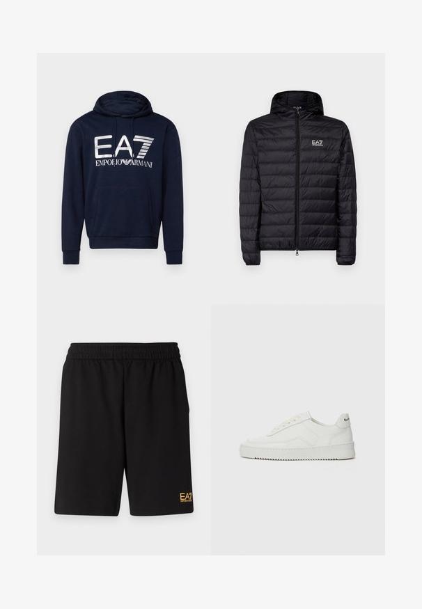 Giacca nera imbottita con cappuccio, caratterizzata da un design trapuntato orizzontale, zip completa e logo EA7 sulla parte sinistra del petto. Tessuto liscio.; Felpa blu navy realizzata in tessuto morbido, con tasca frontale, cappuccio regolabile con coulisse e stampa del logo EA7 bianco audace sul petto.; Pantaloni sportivi neri realizzati in tessuto morbido, con vita elastica e un piccolo logo EA7 giallo sulla parte bassa della gamba sinistra.; Sneaker in pelle bianca con una finitura liscia, punta rotonda, lacci piatti e suola testurizzata. Presenta un logo discreto sul tallone.