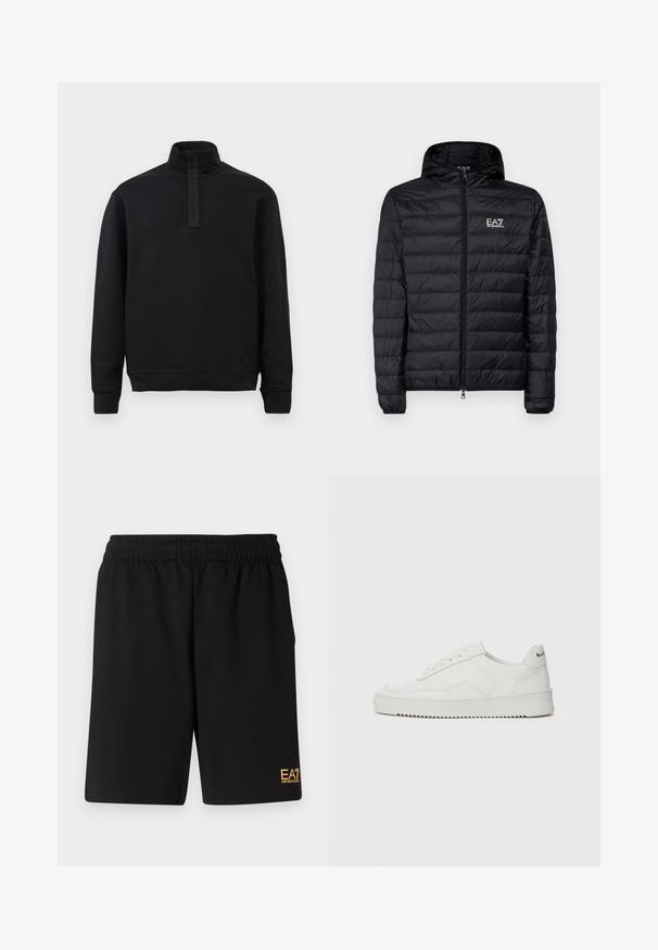 Chaqueta acolchada negra con capucha, con un diseño de acolchado horizontal, cremallera completa y logo de EA7 en la parte izquierda del pecho. Textura suave.; Suéter negro de manga larga con cuello alto y pequeña cremallera, puños y dobladillo acanalados, exhibido sobre un fondo claro y sencillo.; Pantalones cortos deportivos negros de tejido suave, con una cintura elástica y un pequeño logo amarillo de EA7 en la parte inferior de la pierna izquierda.; Zapatilla de cuero blanca con un acabado suave, puntera redonda, cordones planos y suela texturizada. Cuenta con un sutil logo en el talón.