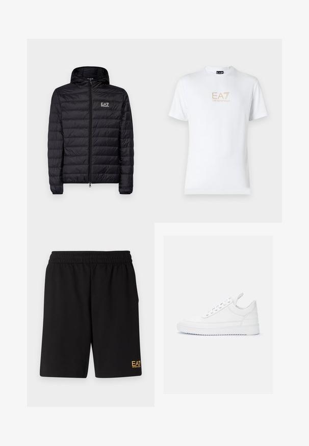 Black padded jacket with a hood, featuring horizontal quilted design, full zipper, and EA7 logo on the left chest area. Smooth texture.; White cotton t-shirt featuring a round neckline and short sleeves, with a gold EA7 Emporio Armani logo printed on the front.; Black athletic shorts made of soft fabric,Featuring an elastic waistband and a small yellow EA7 logo on the lower left leg.; White leather sneakers with a smooth texture, rounded toe, and flat sole. Features silver eyelets and a minimalistic design.