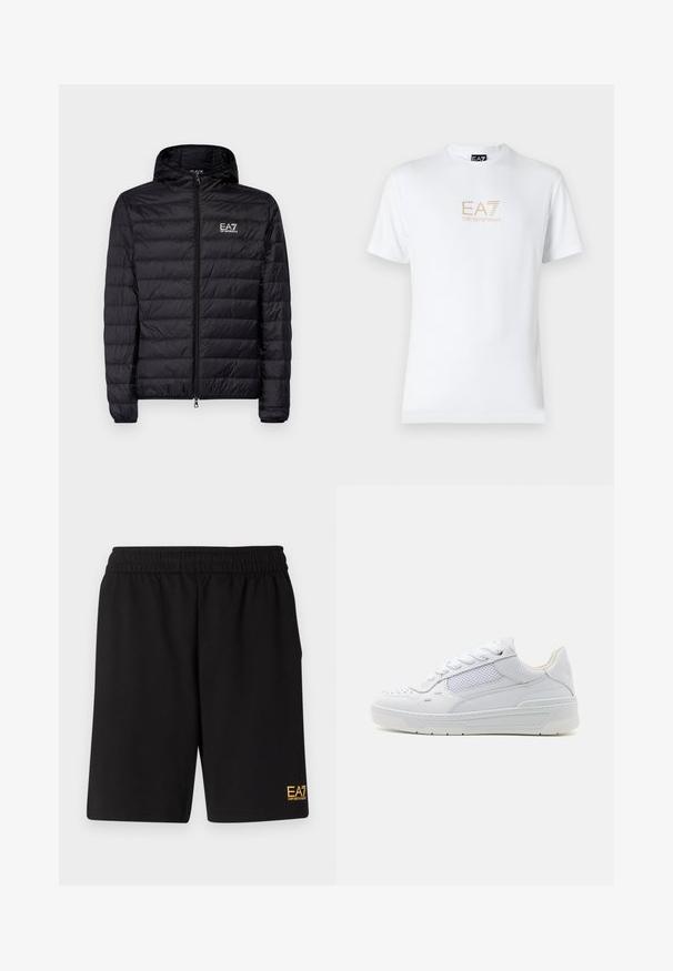 Černá zateplená bunda s kapucí, s vodorovným prošíváním, plným zipem a logem EA7 na levé části hrudi. Hladká textura.; Bílé bavlněné tričko s kulatým výstřihem a krátkým rukávem, na přední straně s potiskem zlatého loga EA7 Emporio Armani.; Černé sportovní šortky vyrobené z měkké látky, s elastickým pasem a malým žlutým logem EA7 na dolní části levé nohy.; Bílé tenisky vyrobené ze syrové kůže a síťoviny, s kulatou špičkou, plochými tkaničkami a texturovanou podešví s decentním brandingem po straně.