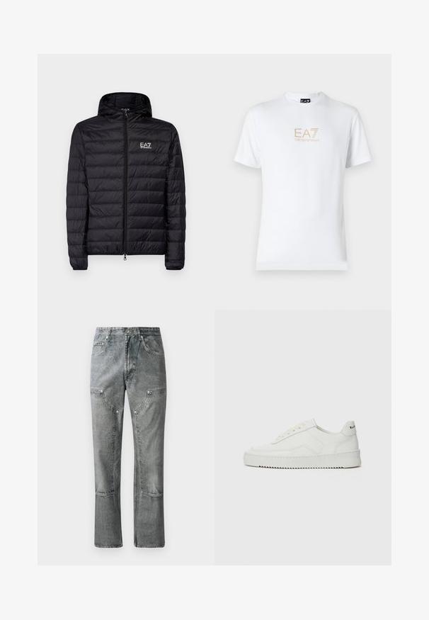 Doudoune noire rembourrée avec capuche, présentant un design matelassé horizontal, une fermeture éclair complète et le logo EA7 sur la zone de la poitrine gauche. Texture lisse.; T-shirt en coton blanc avec un col rond et des manches courtes, orné d'un logo doré EA7 Emporio Armani imprimé sur le devant.; Jean en denim gris à coupe droite, avec poches avant, coutures visibles et finition décolorée. Le matériau a une texture lisse.; Baskets en cuir blanc avec une finition lisse, bout arrondi, lacets plats et semelle texturée. Présente un logo discret sur le talon.