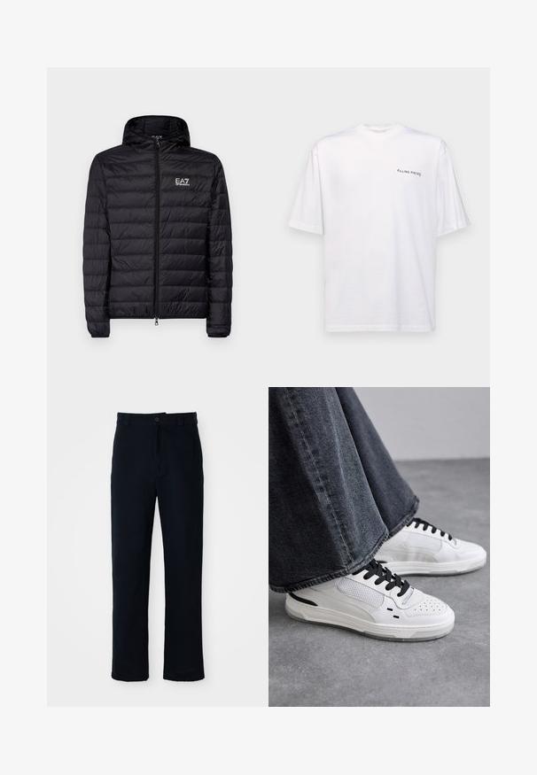 Schwarze gepolsterte Jacke mit Kapuze, mit horizontal gestepptem Design, vollem Reißverschluss und EA7-Logo auf der linken Brustseite. Glatte Textur.; Weißes kurzärmliges T-Shirt aus Baumwolle mit V-Ausschnitt, mit einem schwarzen "FILLING PIECES" Logo, das auf der linken Seite gedruckt ist.; Dunkelblaue Baumwollhosen mit geradem Bein, einem Frontknopfverschluss und einem klassischen Bund mit Gürtelschlaufen.; Weiße Sneakers mit schwarzen Schnürsenkeln und Netzdetails. Die Schuhe verfügen über ein glattes Lederobermaterial und eine strukturierte Gummisohle. Kombiniert mit weiten, grauen Jeans.