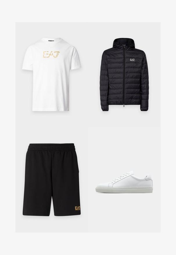 Czarna pikowana kurtka z kapturem, z poziomym wzorem pikowania, pełnym zamkiem błyskawicznym oraz logo EA7 na lewej stronie klatki piersiowej. Gładka tekstura.; Biały bawełniany t-shirt z dekoltem w serek. Na piersi nadrukowane złote logo E.A.7, tworzące efekt teksturowany wizualny detal.; Czarne sportowe szorty wykonane z miękkiego materiału, z elastycznym paskiem w talii oraz małym, żółtym logo EA7 na dolnej lewej nodze.; Białe sneakersy z gładką skórzaną cholewką i niskim profilem. Posiadają okrągły nos, sześć dziurek na sznurówki oraz teksturowaną gumową podeszwę.