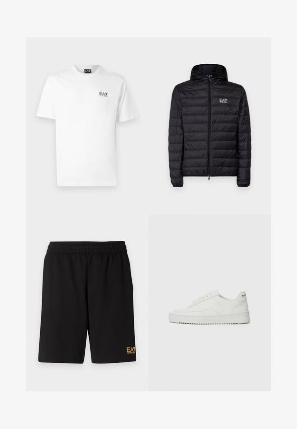 Svart polstret jakke med hette, med horisontal quiltet design, hel glidelås og EA7-logo på venstre brystområde. Jevn tekstur.; Hvit bomulls T-skjorte med rund hals, korte ermer og en svart EA7-logo på venstre bryst. Jevn, ensfarget tekstur.; Sorte treningsshorts laget av mykt stoff, med elastisk midje og en liten gul EA7-logo nederst på venstre ben.; Hvite lærersneakers med en jevn overflate, rund tå, flate lisser og en teksturert såle. Har en subtil logo på hælen.