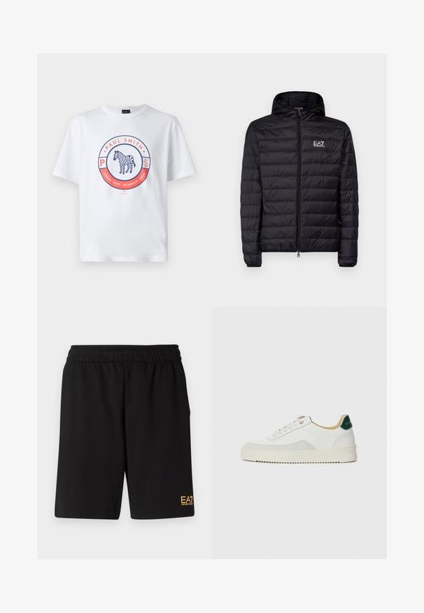 Mustapintainen toppatakki hupulla, jossa on vaakasuora tikkikuvio, täysi vetoketju ja EA7-logo vasemman rinnan alueella. Sujuva rakenne.; Valkoinen puuvillapaita, jossa on ympyrälogo. Keskitetty suunnittelu sisältää tekstin "Paul Smith" ja kuvitetun seepra ympyrän sisällä.; Mustat urheilushortsit, jotka on valmistettu pehmeästä kankaasta. Kengissä on joustava vyötärönauha ja pieni keltainen EA7-logo vasemmassa alakulmassa.; Valkoiset tennarit, joissa on nahkaosia, pyöreä kärki, tasaiset nauhat ja kermaisa kumi-pohja. Takana vihreä brändäys.
