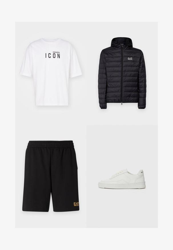 Black padded jacket with a hood, featuring horizontal quilted design, full zipper, and EA7 logo on the left chest area. Smooth texture.; White t-shirt made of cotton featuring a crew neckline and short sleeves, with a black "ICON" graphic and "DSQUARED2" text printed on the front.; Black athletic shorts made of soft fabric,Featuring an elastic waistband and a small yellow EA7 logo on the lower left leg.; White leather sneaker with a smooth finish, round toe, flat laces, and a textured sole. Features a subtle logo on the heel.