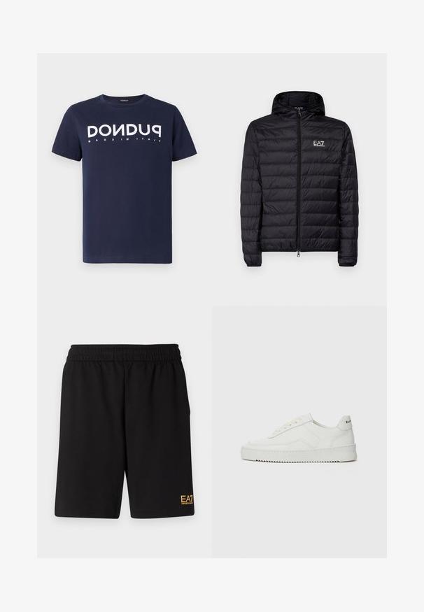 Jachetă neagră căptușită cu glugă, având un design cusut pe orizontală, fermoar complet și logo-ul EA7 în zona stângă a pieptului. Textură netedă.; Dondup Tricou cu imprimeu - universe blue; Shorts atletici negri dintr-un material moale, având o talie elastică și un mic logo galben EA7 pe partea inferioară a piciorului stâng.; Sneakers din piele albă cu un finisaj neted, vârf rotund, șireturi plate și o talpă texturată. Prezintă un logo subtil pe călcâi.
