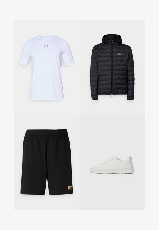 Casaco acolchoado preto com capuz, apresentando um design acolchoado horizontal, fecho completo e logótipo EA7 na área do peito esquerdo. Textura suave.; Camisola atlética de mangas curtas brancas, feita de um tecido de malha leve e respirável. Apresenta um decote redondo e um logótipo circular EA7 no peito.; Calções desportivos pretos feitos de um tecido suave, com um cós elástico e um pequeno logótipo amarelo EA7 na parte inferior da perna esquerda.; Sapatilha de couro branco com acabamento suave, bico redondo, atacadores planos e uma sola texturizada. Apresenta um logotipo discreto no calcanhar.