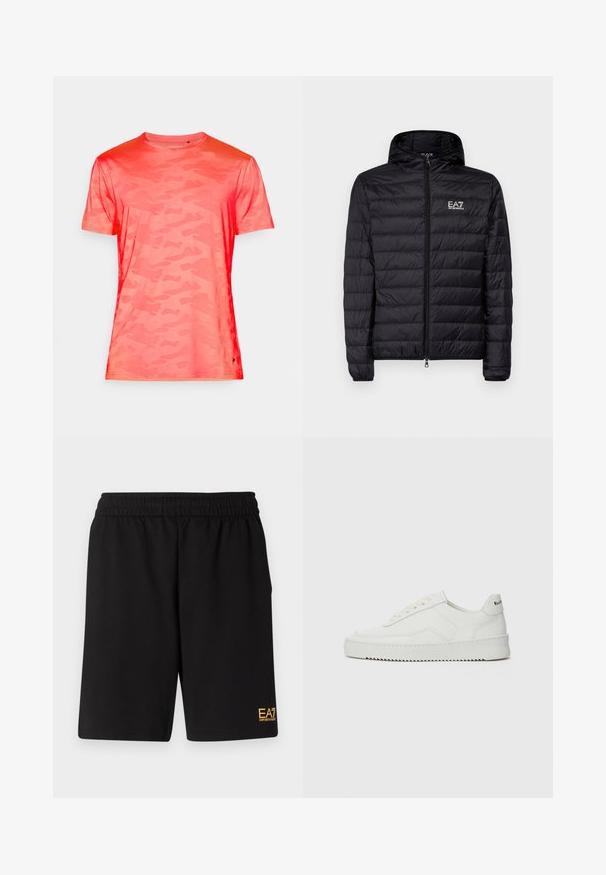 Črna podložena jakna s kapuco, ki ima vodoravno quilteno zasnovo, poln zadrgo in EA7 logo na levi strani prsnega koša. Gladka tekstura.; Majica s kratkimi rokavi v kamuflažnem vzorcu v živahni koralni barvi. Narejena iz lahkotnega materiala z gladko teksturo in okroglim izrezom.; Črne športne kratke hlače iz mehkega blaga, z elastičnim pasom in majhnim rumenim logotipom EA7 na spodnjem levem delu noge.; Bela usnjena športna obutev z gladko površino, okroglo prst, ravne vezalke in teksturiran podplat. Ima diskretno logo na peti.