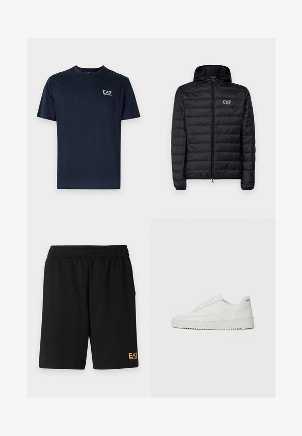 Casaco acolchoado preto com capuz, apresentando um design acolchoado horizontal, fecho completo e logótipo EA7 na área do peito esquerdo. Textura suave.; T-shirt de algodão azul marinho com mangas curtas, decote redondo e logótipo EA7 no lado superior esquerdo em branco. Textura suave, design casual.; Calções desportivos pretos feitos de um tecido suave, com um cós elástico e um pequeno logótipo amarelo EA7 na parte inferior da perna esquerda.; Sapatilha de couro branco com acabamento suave, bico redondo, atacadores planos e uma sola texturizada. Apresenta um logotipo discreto no calcanhar.