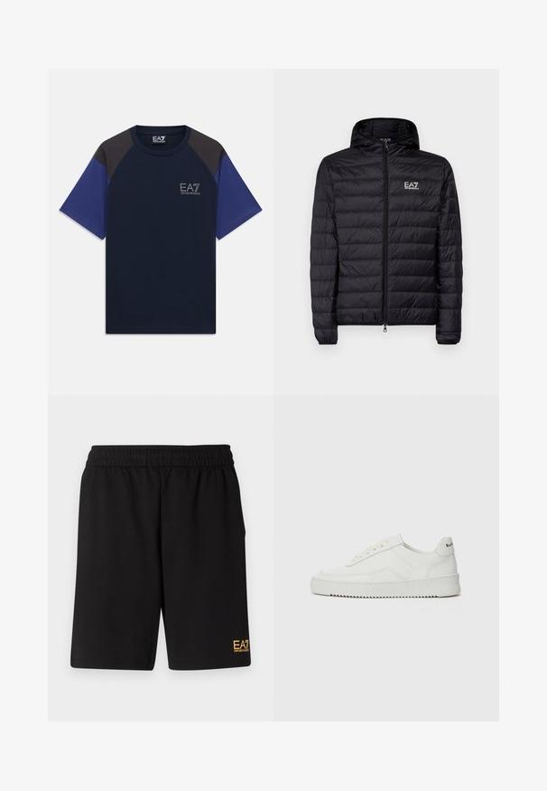 Melnā pufīga jaka ar kapuci, ar horizontāliem izšuvumiem, pilnu rāvējslēdzēju un EA7 logo kreisajā krūšu daļā. Gluda virsma.; Tumši zila T-krekls ar melniem plecu paneļiem un ziliem piedurknēm, ar EA7 Emporio Armani logo kreisajā krūtī.; Melnas sporta šortus, kas izgatavoti no mīksta auduma, ar elastīgu jostu un mazu dzeltenu EA7 logo zem kreisā kājas stūra.; Baltas ādas sneakers ar gludu virsmu, apaļu pirkstu daļu, plakaniem šņorēm un teksturētu zoli. Satur diskrētu logotipu uz papēža.
