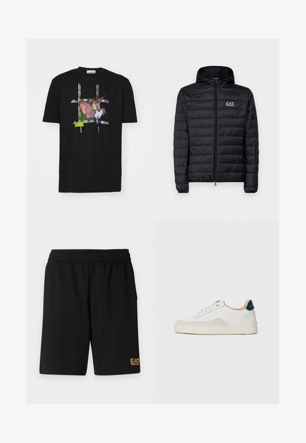 Sort polstret jakke med hætte, som har horisontalt quiltet design, fuld lynlås og EA7-logo på venstre brystområde. Glat tekstur.; Sort bomulds t-shirt med et farverigt grafisk design af en tegneseriekat med gule øjne og detaljeret pels samt et mærke nederst.; Sorte atletiske shorts lavet af blødt stof, med en elastisk talje og et lille gult EA7-logo nederst på venstre ben.; Hvide sneakers med ruskindsdetaljer, rund tå, flade snørebånd og en cremet gummisål. Har grøn branding på hælen.