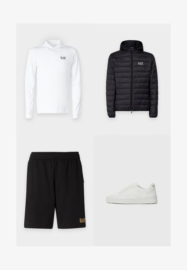 Černá zateplená bunda s kapucí, s vodorovným prošíváním, plným zipem a logem EA7 na levé části hrudi. Hladká textura.; Bílá dlouhý rukáv polo tričko vyrobené z bavlny, s klasickým límcem, třemi knoflíky a černým logem EA7 na hrudi.; Černé sportovní šortky vyrobené z měkké látky, s elastickým pasem a malým žlutým logem EA7 na dolní části levé nohy.; Bílé kožené tenisky s hladkým povrchem, kulatou špičkou, plochými tkaničkami a texturovanou podrážkou. Na patě se nachází nenápadné logo.
