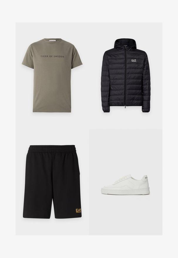 Casaco acolchoado preto com capuz, apresentando um design acolchoado horizontal, fecho completo e logótipo EA7 na área do peito esquerdo. Textura suave.; T-shirt de algodão verde-oliva com mangas curtas, decote redondo e texto preto "TIGER OF SWEDEN" impresso no peito.; Calções desportivos pretos feitos de um tecido suave, com um cós elástico e um pequeno logótipo amarelo EA7 na parte inferior da perna esquerda.; Sapatilha de couro branco com acabamento suave, bico redondo, atacadores planos e uma sola texturizada. Apresenta um logotipo discreto no calcanhar.