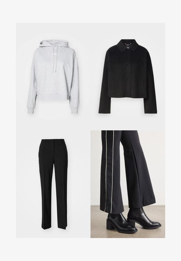 Čierny skrátený kabát s golierom, zapínaním na gombík a dlhými rukávmi. Vyrobený z hladkej tkaniny s minimálnymi švami a bez viditeľných ozdôb.; Svetlo šedá skrátená mikina vyrobená z mäkkej látky. Obsahuje kapucňu so šnúrkou, spadnuté ramená a rebrované manžety. Jednoduchý, minimalistický dizajn.; Čierne krajčírské nohavice so strihom rovného nohu, s hladkou textúrou a ostrými skladmi pozdĺž prednej časti. Žiadne viditeľné hardvér.; Čierne kožené členkové topánky s blokovým podpätkom, vybavené elastickými bočnými panelmi. Skombinované s čiernymi nohavicami, ktoré majú biely bočný pruh.