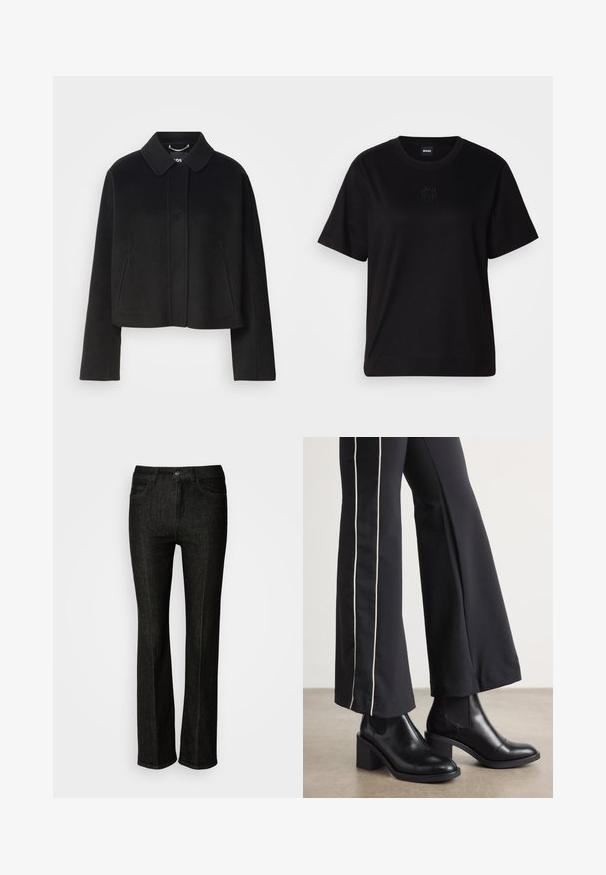 Casaco preto cropped com colarinho, fecho de botão e mangas compridas. Feito de tecido suave com costuras mínimas e sem enfeites visíveis.; T-shirt de algodão preto com decote redondo, mangas curtas e um logótipo bordado no peito. Corte simples e descontraído, sem padrões.; Jeans de denim preto com corte straight, apresentando fecho de botão, cinco bolsos e detalhes de costura discretos. Textura suave e design clássico.; Botas de tornozelo em couro preto com um salto bloco, apresentando painéis laterais elásticos. Combinadas com calças pretas que têm uma faixa lateral branca.