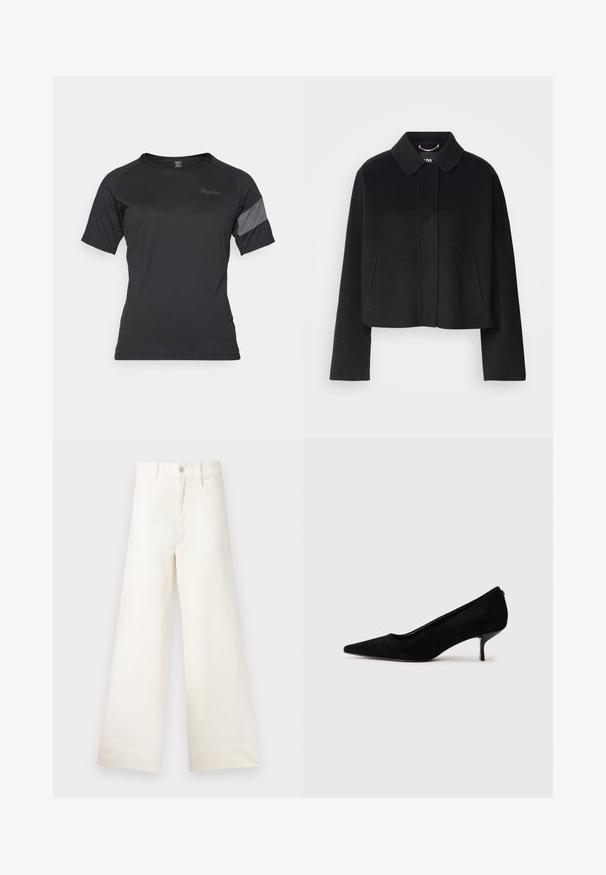 Czarna krótka kurtka z kołnierzem, z zapięciem na guziki i długimi rękawami. Wykonana z gładkiego materiału z minimalną liczbą szwów i bez widocznych ozdób.; Czarna, krótko rękawowa koszulka sportowa z materiału odprowadzającego wilgoć, z teksturowanym szarym akcentem na ramieniu i subtelnym logo marki.; Szerokie spodnie w jasnym beżowym kolorze wykonane z bawełny. Charakteryzują się wysokim stanem, kieszeniami z przodu oraz prostym krojem. Czyste wykończenie brzegów bez wzorów.; Czarny zamszowy but na wysokim obcasie z wydłużonym noskiem i smukłym, niskim obcasem. Gładka tekstura z eleganckim wzornictwem, bez widocznych elementów metalowych.