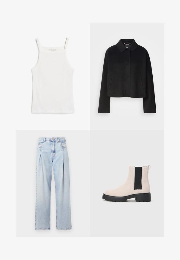 Cazadora corta negra con cuello, cierre de botones y mangas largas. Fabricada con un tejido suave, con costuras mínimas y sin adornos visibles.; Top blanco sin mangas con tirantes finos, hecho de tela de algodón acanalada, que presenta un escote recto y un acabado limpio en el dobladillo.; Jeans de mezclilla azul claros con cintura alta, corte de pierna ancha, dos bolsillos laterales y un diseño plisado. Textura suave con un acabado deslavado.; Botín Chelsea de ante beige con panel lateral elástico negro, suela gruesa negra y lengüeta en el tobillo.