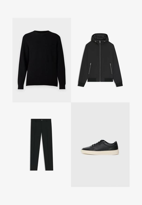 Mustat hupparitakki etuvetoketjulla, joissa on kaksi vetoketjullista sivutaskua, joustavat hihansuut ja toppaus hupun sisällä.; Musta ribattupaita, jossa on pyöreä kaula-aukko ja pitkät hihat. Ei näkyviä kuvioita tai koristeita. Kangas vaikuttaa pehmeältä ja teksturoidulta.; Musta housut, joissa on suora lahje, valmistettu sileästä kankaasta. Edessä nappisulku ja vyölenkit. Yksinkertainen ilman kuvioita.; Musta matalavartinen nahkastretchu, jossa on mustat nauhat ja vaaleanharmaa pohja, esitetty sivuprofiilissa valkoista taustaa vasten.