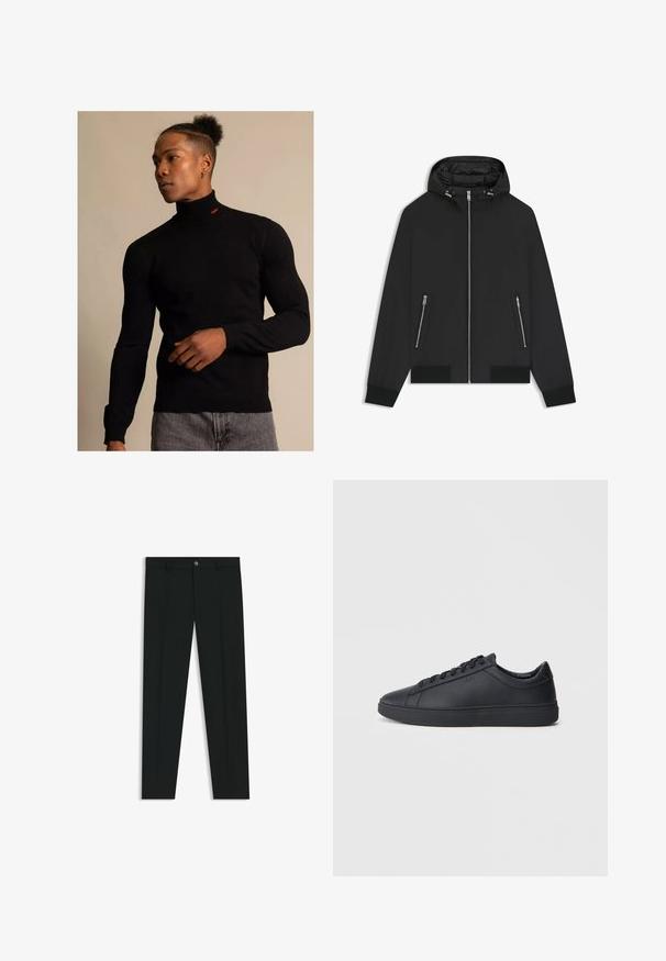 Schwarze Kapuzenjacke mit Frontreißverschluss, zwei seitlichen Reißverschlusstaschen, elastischen Bündchen und gepolstertem Innenfutter in der Kapuze.; Schwarzer Rollkragenpullover aus geripptem Material mit langen Ärmeln. Verfügt über ein kleines rotes Logo am Hals. Getragen mit grauen Jeans.; Schwarze Anzughosen mit geradem Bein, aus glattem Stoff. Mit Knopfverschluss vorne und Gürtelschlaufen. Schlicht ohne Muster.; Schwarze Sneaker aus glattem Leder mit einem tiefen Design, runder Zehenform und flacher Gummi-Sohle. Mit Schnürsenkeln und dezentem Branding.