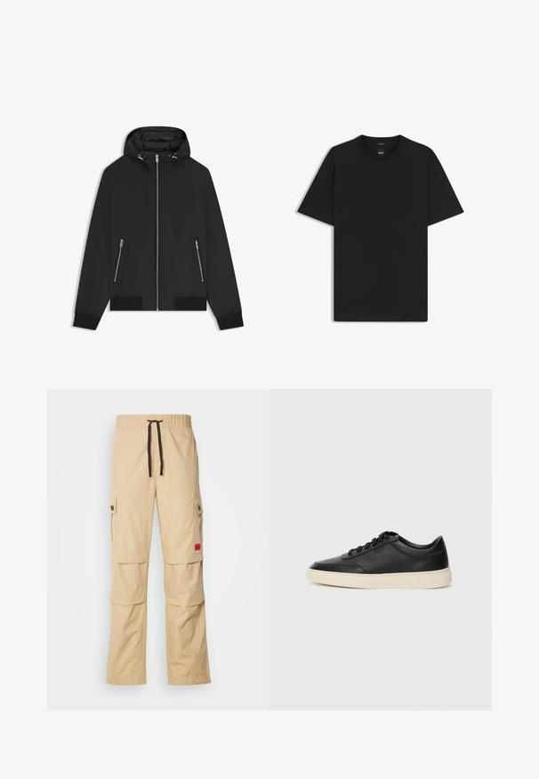 Czarna kurtka z kapturem, z frontowym zamkiem, dwoma bocznymi kieszeniami na zamek, elastycznymi mankietami oraz ocieplanym wnętrzem w kapturze.; Czarny t-shirt krótki rękaw wykonany z gładkiej mieszanki bawełny, z okrągłym dekoltem i minimalistycznym designem bez wzorów czy akcentów.; Beżowe spodnie cargo z elastycznym paskiem w talii, czarnym sznurkiem, bocznymi kieszeniami i małym czerwonym logo na udzie.; Czarne niskie skórzane sneakersy z czarnymi sznurówkami i off-white podeszwą, prezentowane w profilu bocznym na białym tle.