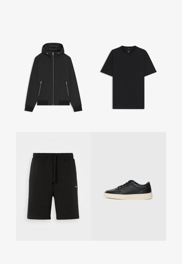 Sort hættejakke med frontlynlås, to lynlåslommer på siden, elastiske manchetter og polstret inderside i hætten.; Sort kortærmet T-shirt lavet af en glat bomuldsblanding, med en rund halsudskæring og et minimalistisk design uden mønstre eller accenter.; Sorte bomulds shorts med elastisk talje og snøre. Har sidelommer og et lille logo foran. Glat tekstur.; Sort lavt top lædersneaker med sorte snørebånd og off-white sål vist i sideprofil på hvid baggrund.