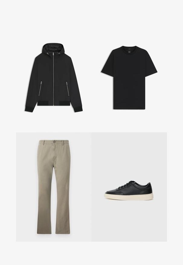 Black hooded jacket with front zipper, two zipped side pockets, elastic cuffs, and padded interior on the hood.; Black short-sleeve T-shirt made from a smooth cotton blend, featuring a crew neckline and a minimalistic design with no patterns or accents.; Beige cotton pants with a straight cut, featuring a button closure, belt loops, and a slightly textured surface, suitable for casual wear.; Black low-top leather sneaker with black laces and off-white sole shown in side profile on white background.